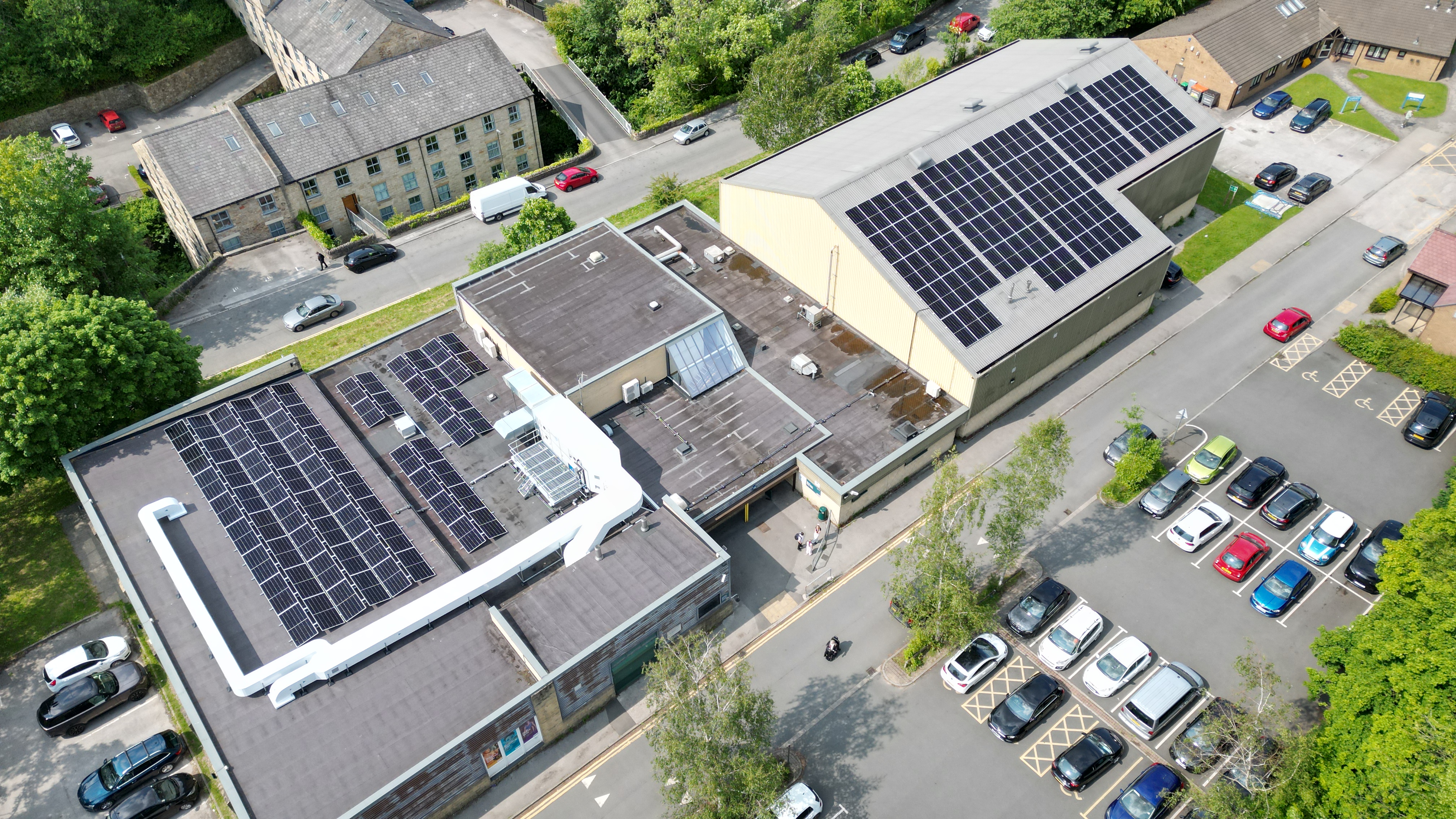 aerial image of New Mills showing solar panel installation on the roof